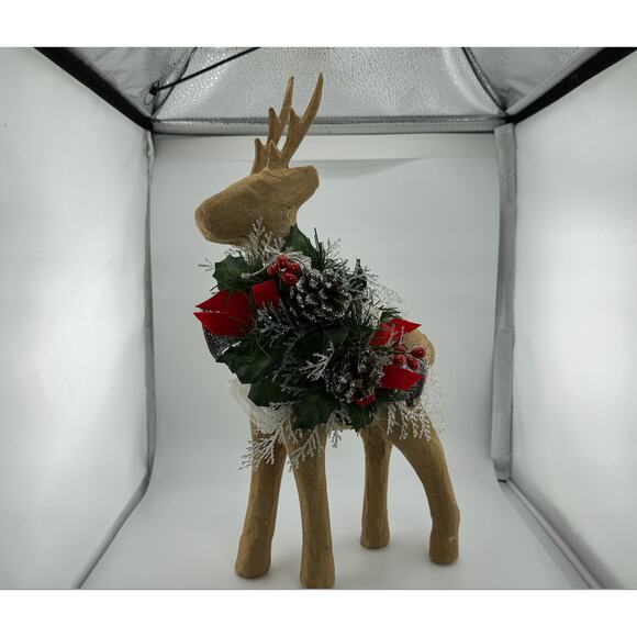 EUC Vintage Paper Mache Reindeer‎ with Ribbon Pinecones Christmas Holiday Large - Picture 1 of 7
